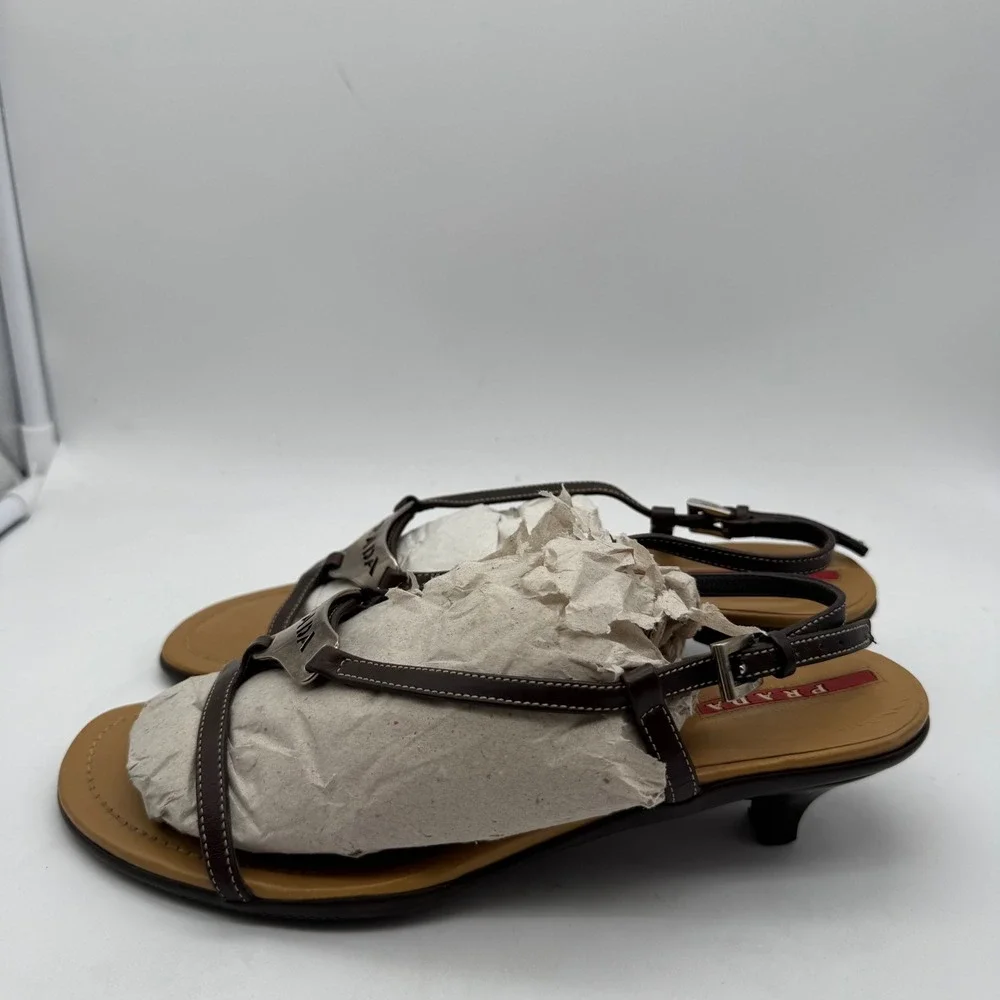 Prada Vintage Metal Triangle Logo Slingback Kitten Heel Sandals in Brown Leather